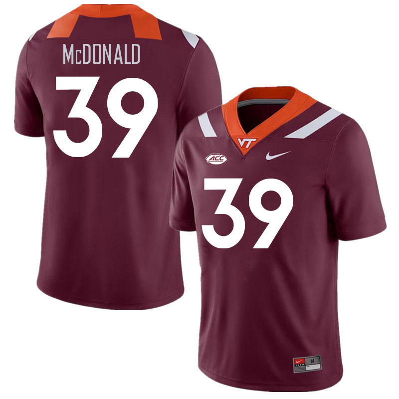 Men #39 Jorden McDonald Virginia Tech Hokies College Football Jerseys Stitched Sale-Maroon